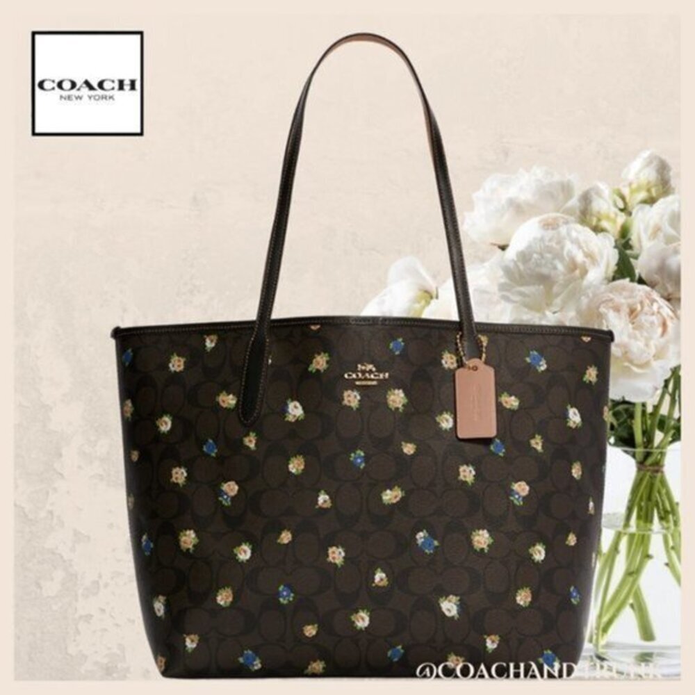NWT COACH City Tote Brown Classic C With Vintage Mini‎ Rose Pattern